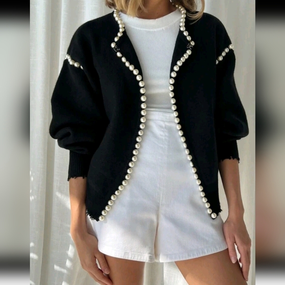 Jackets & Blazers - Solid Color Cardigan, Pearl Trim Distressed Hem, Long Sleeve, Elegant Knit Sweat